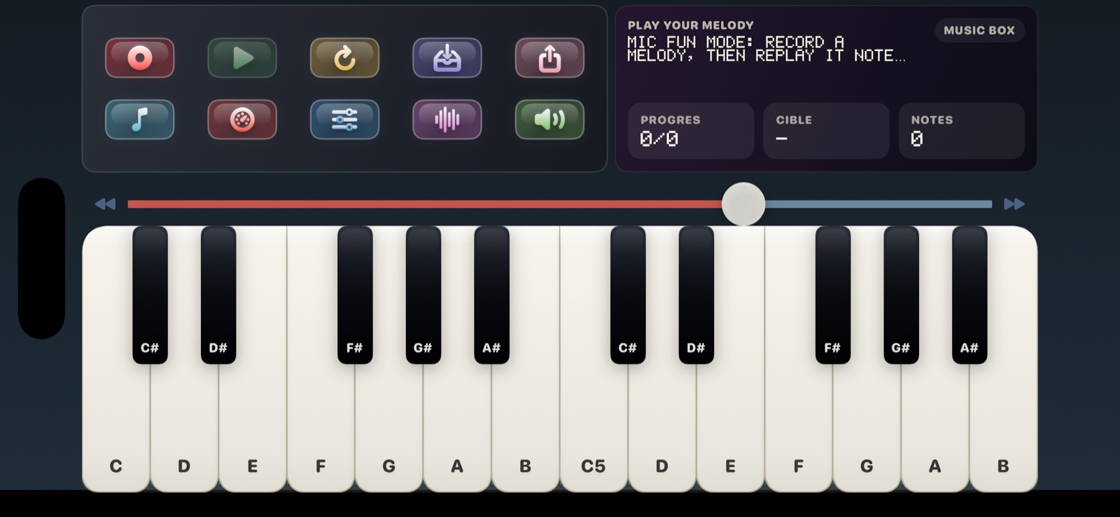 Perroquet Piano 1.2 melody analysis and piano keyboard on iPhone